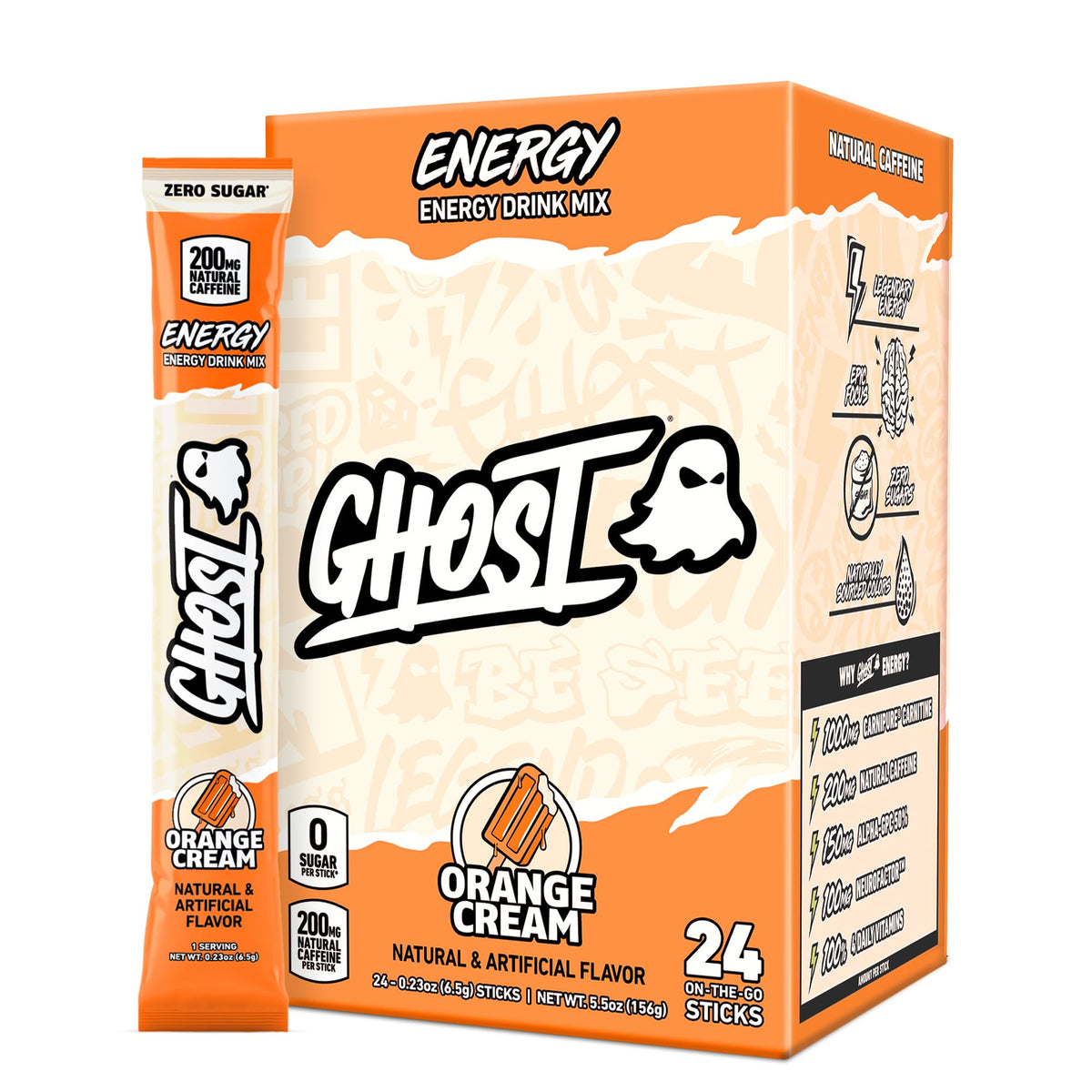 GHOST paquete frontal mostrando 24 sticks y beneficio de energía portátil