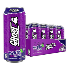 GHOST lata frontal del pack de 12 con sabor Welch's Grape mostrando diseño y beneficio claro