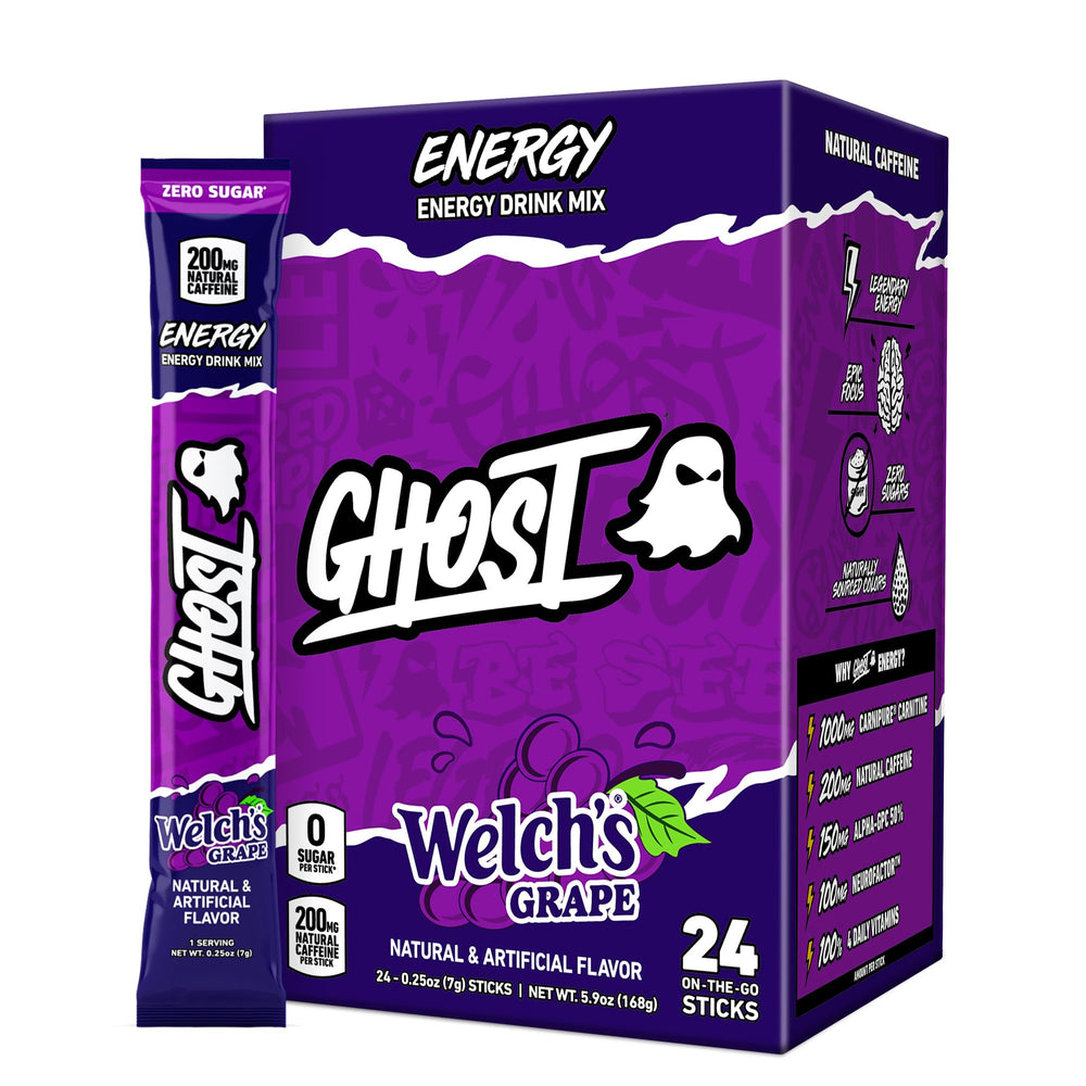 GHOST frente del paquete Welch's Grape mostrando 24 sobres y conveniencia