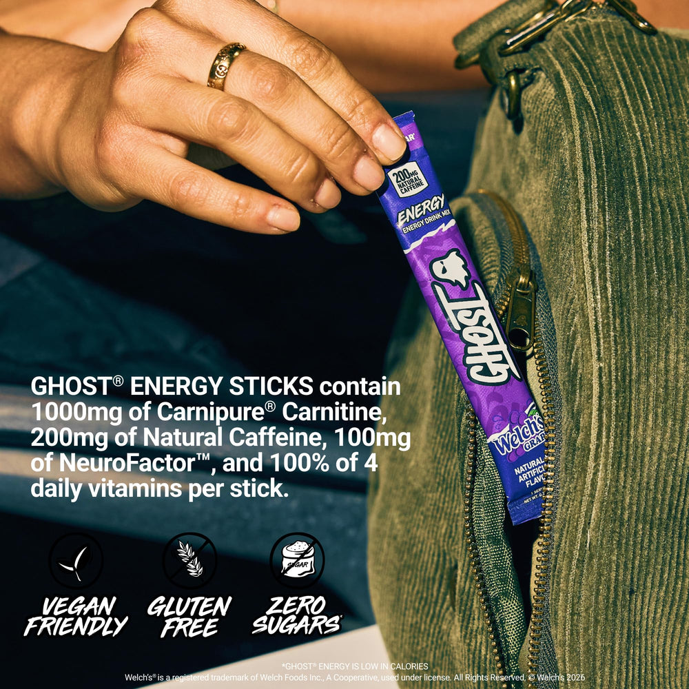 GHOST etiqueta de ingredientes Welch's Grape con dosis transparentes visibles