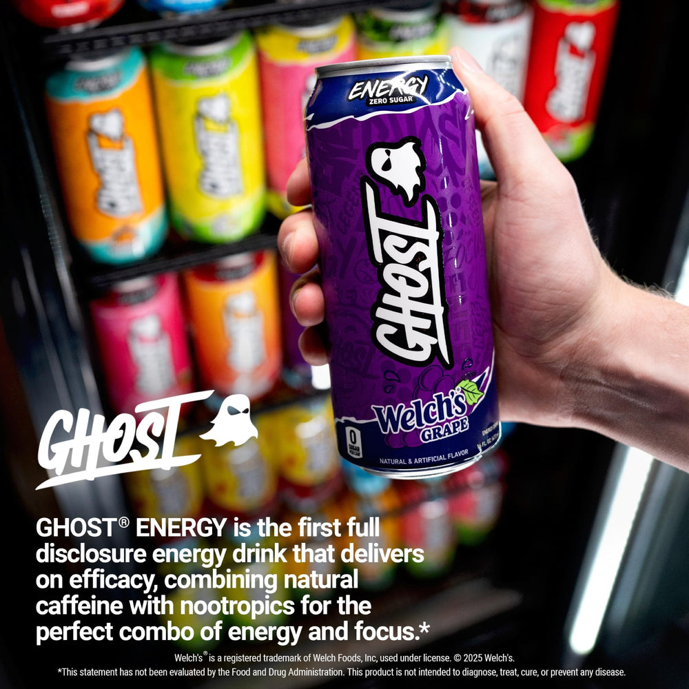 Tres latas GHOST Welch's Grape dispuestas mostrando caja de 12 y opción de suministro