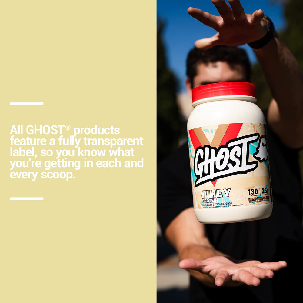 GHOST etiqueta transparente con desglose de proteínas y beneficios aclarados