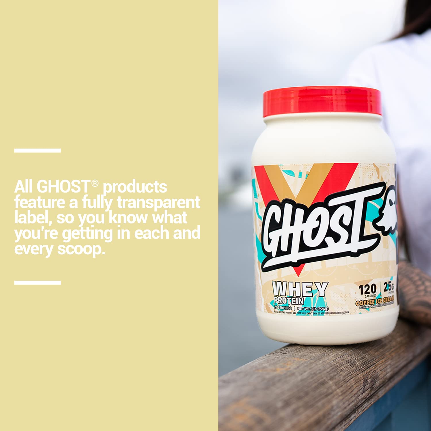 GHOST etiqueta transparente con desglose de proteínas y dosis declaradas