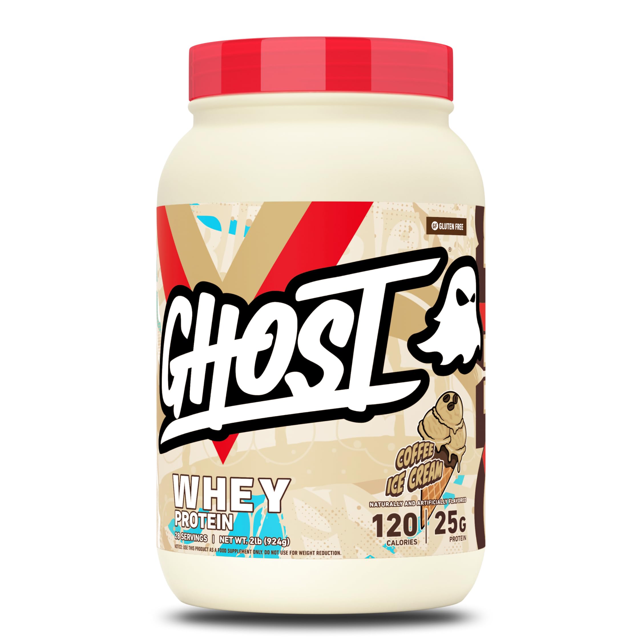 GHOST empaque frontal Coffee Ice Cream mostrando el diseño y beneficio de 25 g proteína