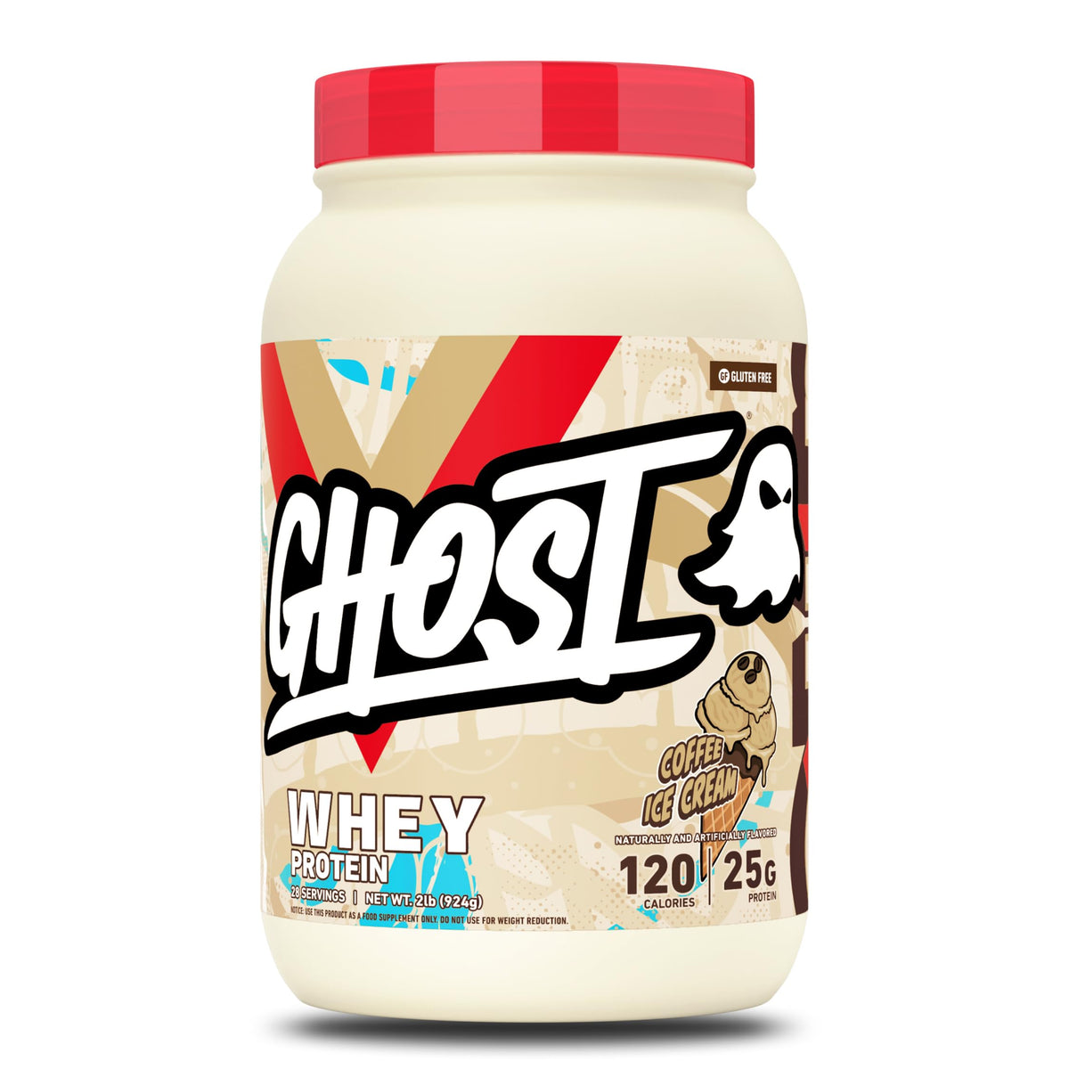 GHOST empaque frontal Coffee Ice Cream mostrando el diseño y beneficio de 25 g proteína