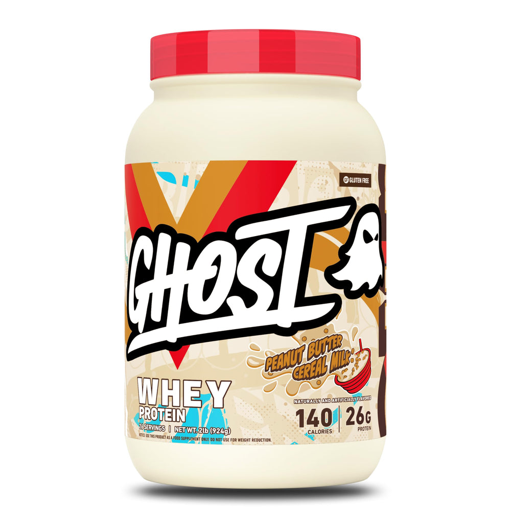GHOST tarro frontal mostrando etiqueta clara y beneficio de 26 g proteína