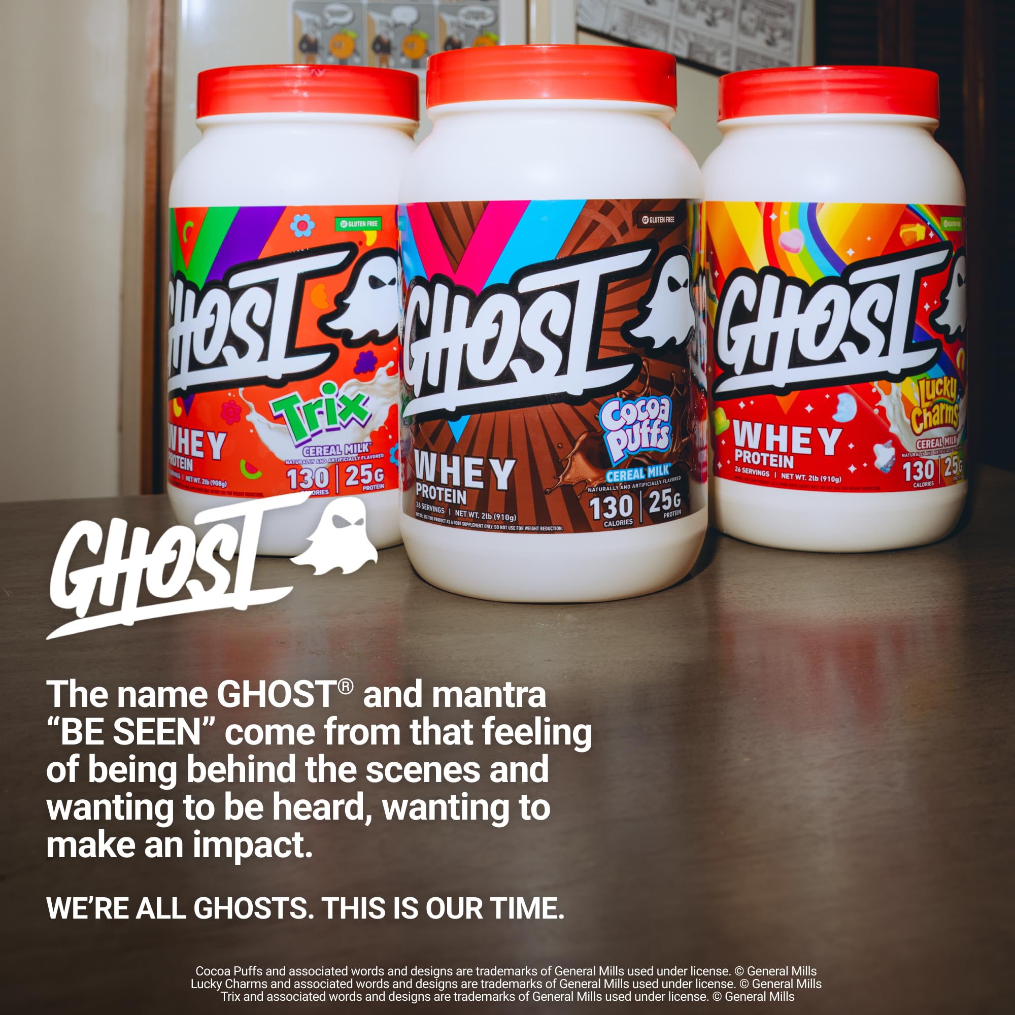 GHOST comparación de tamaño del envase y cucharas para entender porciones