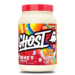 GHOST envase frontal del Whey Lucky Charms mostrando la marca y beneficio sabor auténtico