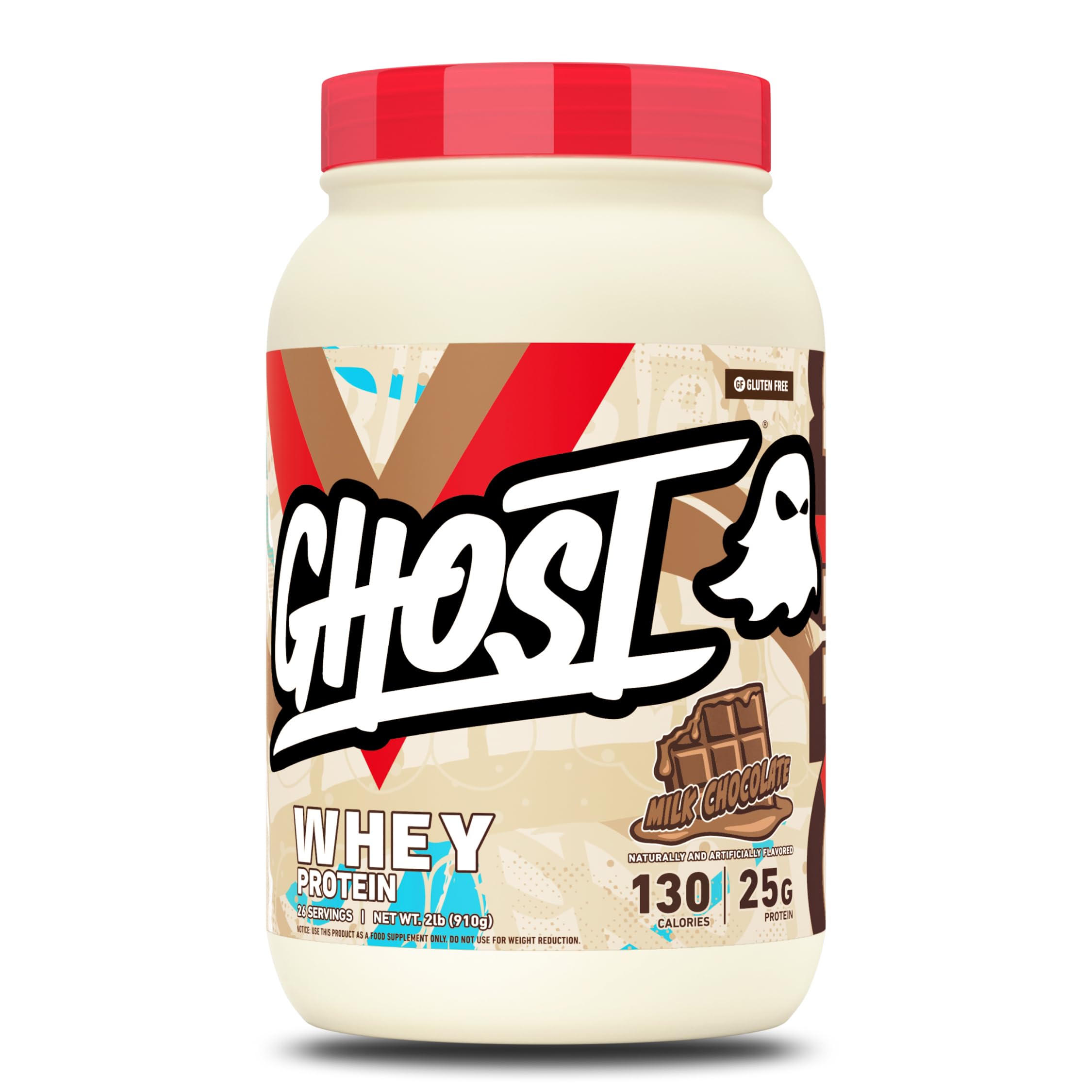 GHOST envase frontal Milk Chocolate mostrando diseño y cantidad 2LB, atractivo visual