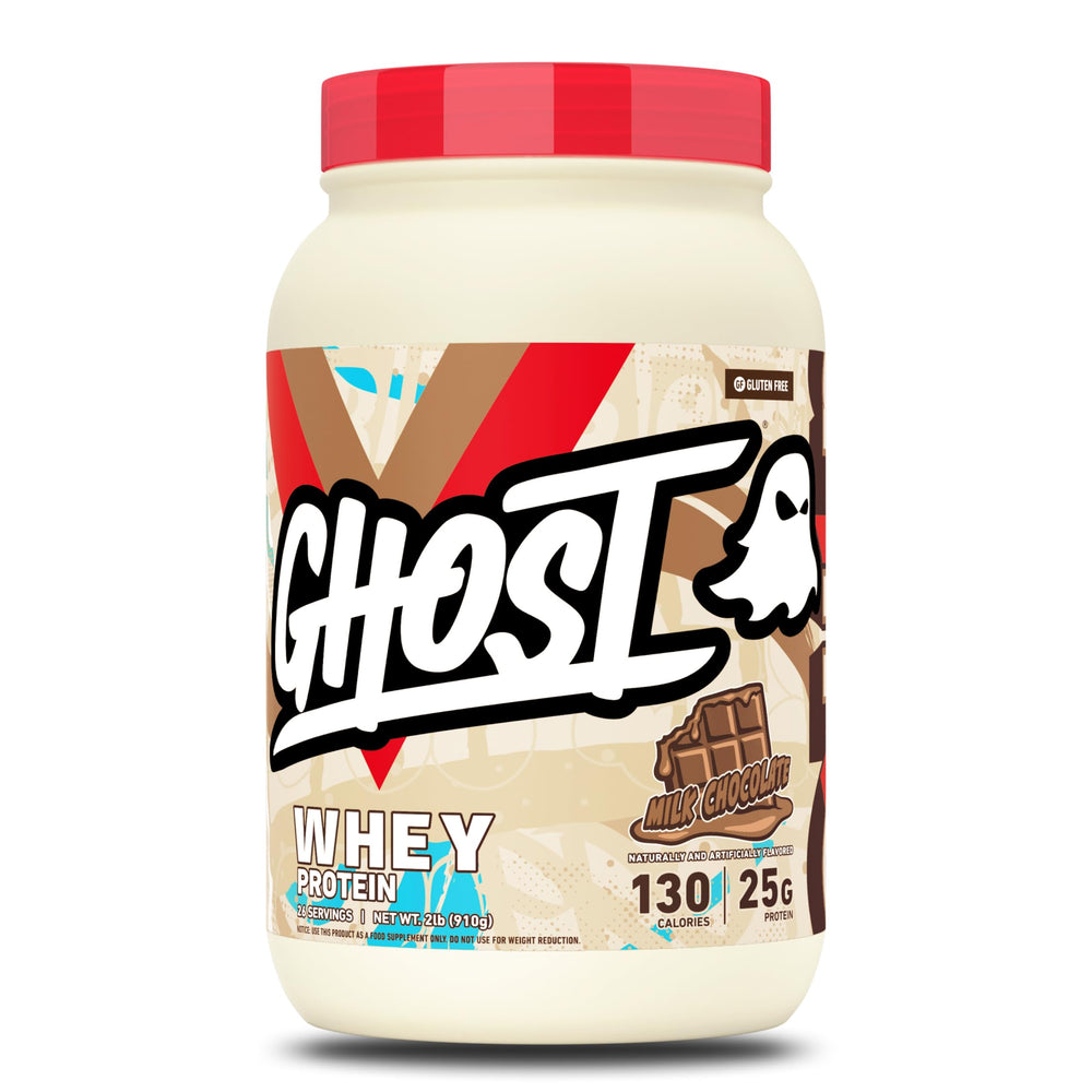 GHOST envase frontal Milk Chocolate mostrando diseño y cantidad 2LB, atractivo visual