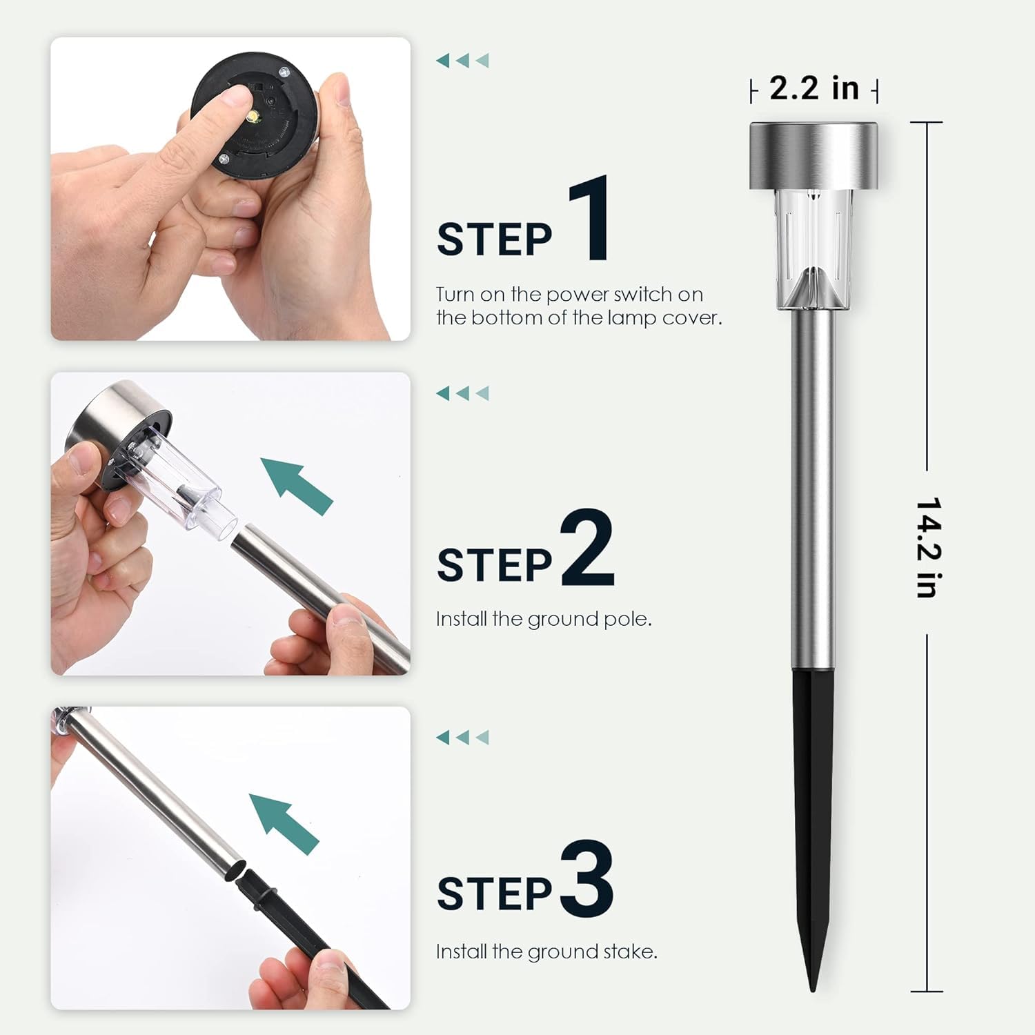 GIGALUMI size comparison with hand showing compact stake ease-of-installation