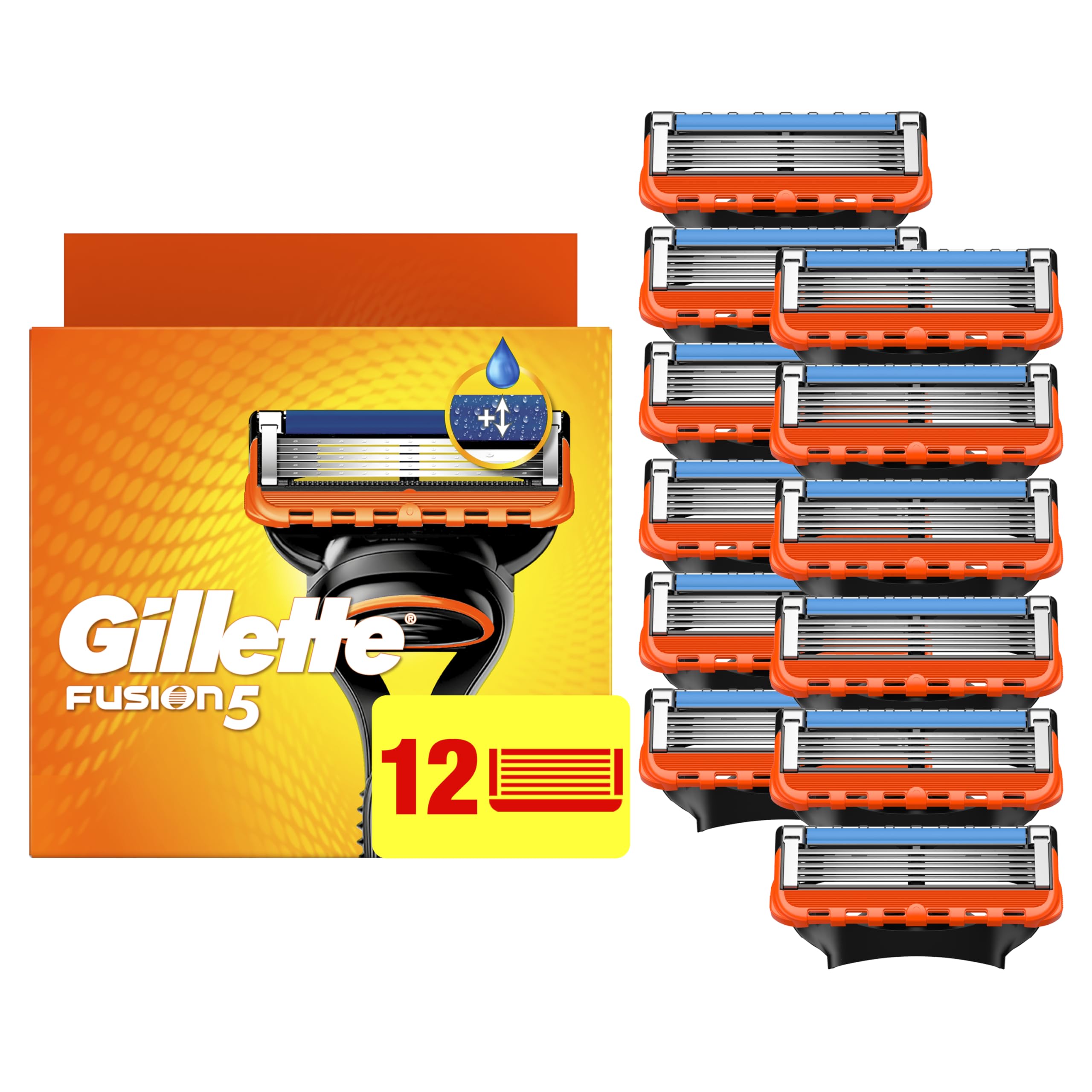 Gillette Fusion5 empaque frontal mostrando las 12 cuchillas y beneficios