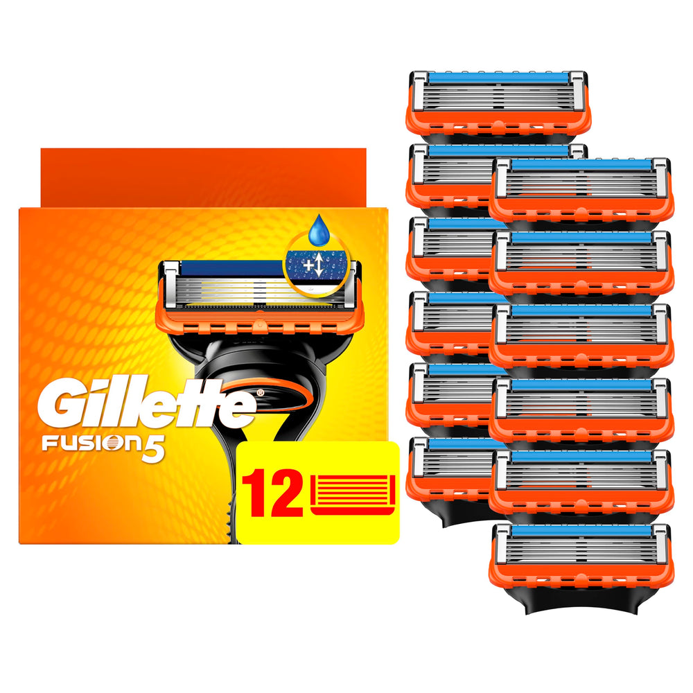 Gillette Fusion5 empaque frontal mostrando las 12 cuchillas y beneficios