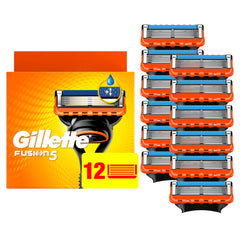Gillette Fusion5 empaque frontal mostrando las 12 cuchillas y beneficios