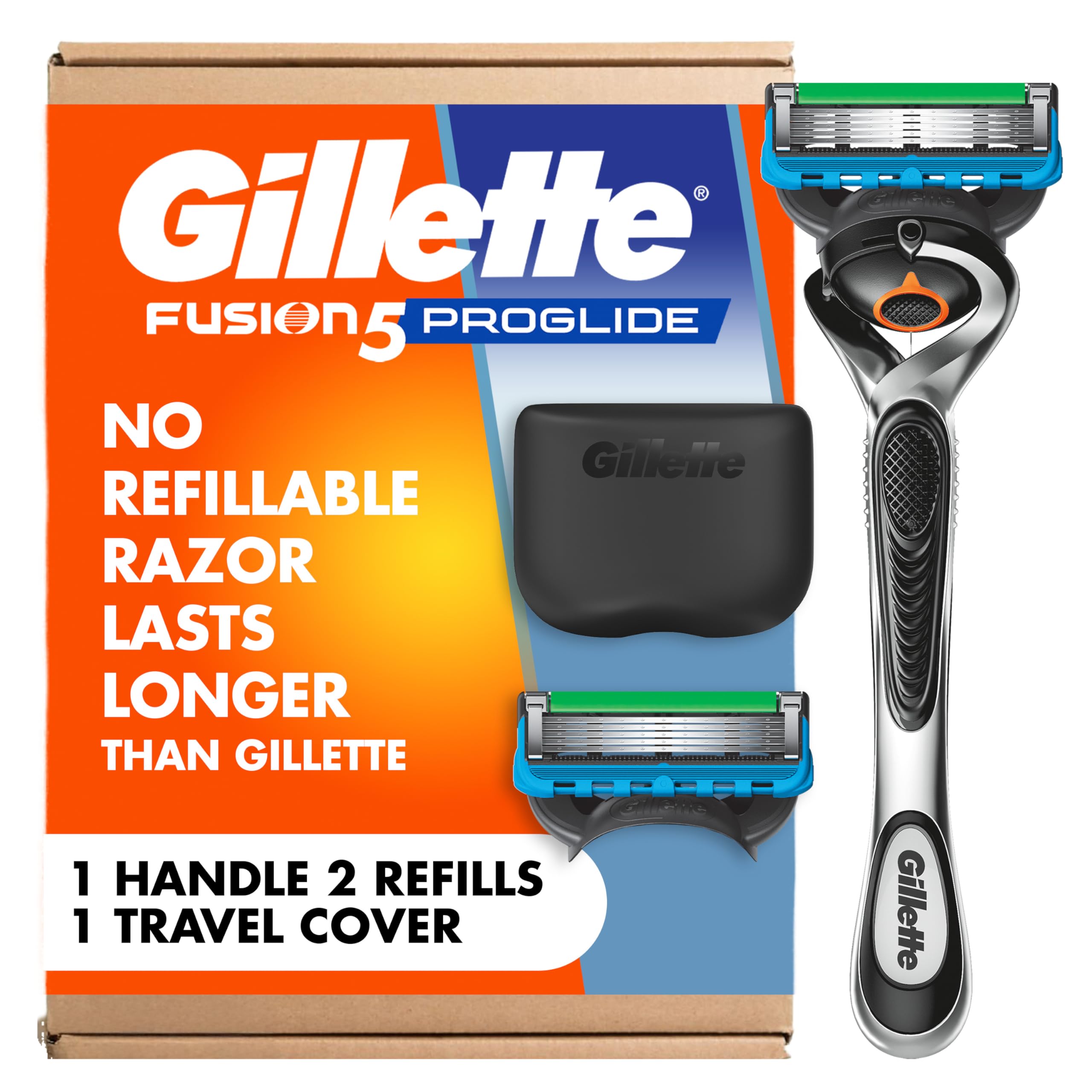 Gillette Fusion5 frontal del empaque mostrando el mango y recambios, comodidad garantizada