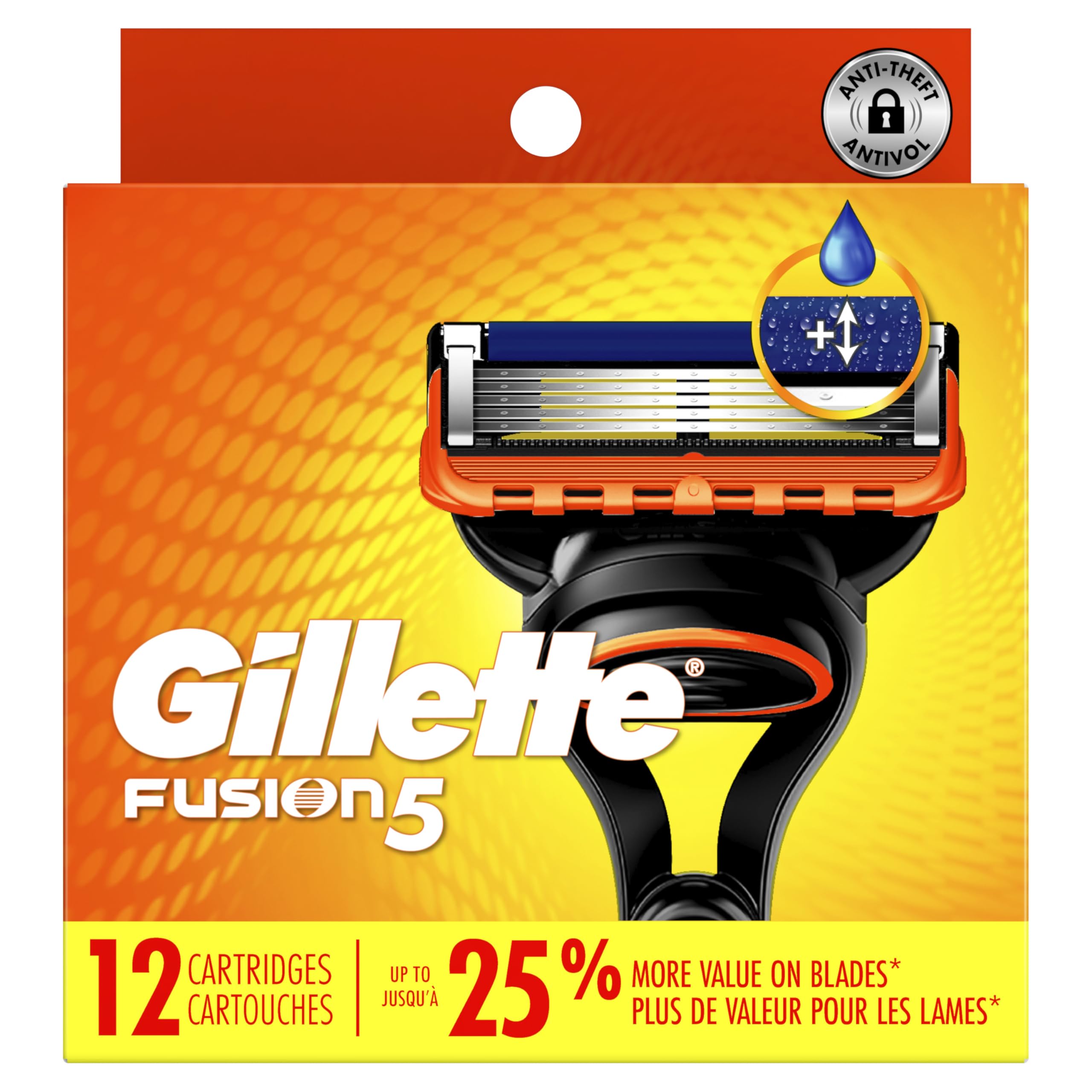 Pack abierto de Gillette Fusion5 12 recambios mostrando todos los cartuchos