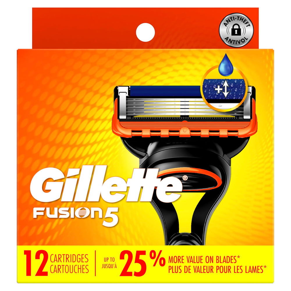 Pack abierto de Gillette Fusion5 12 recambios mostrando todos los cartuchos