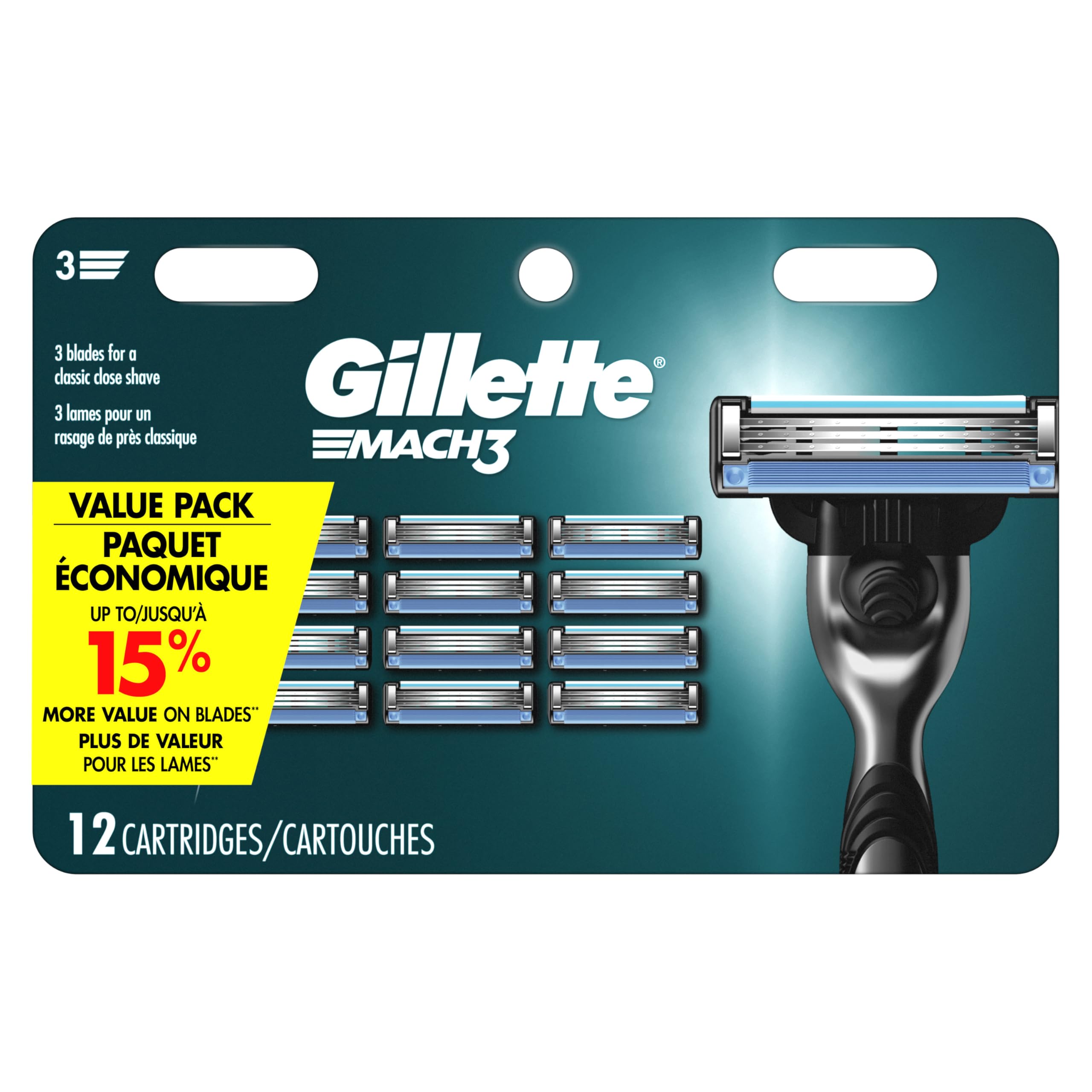Gillette Mach3 paquete frontal de 12 recambios mostrando ahorro y cantidad