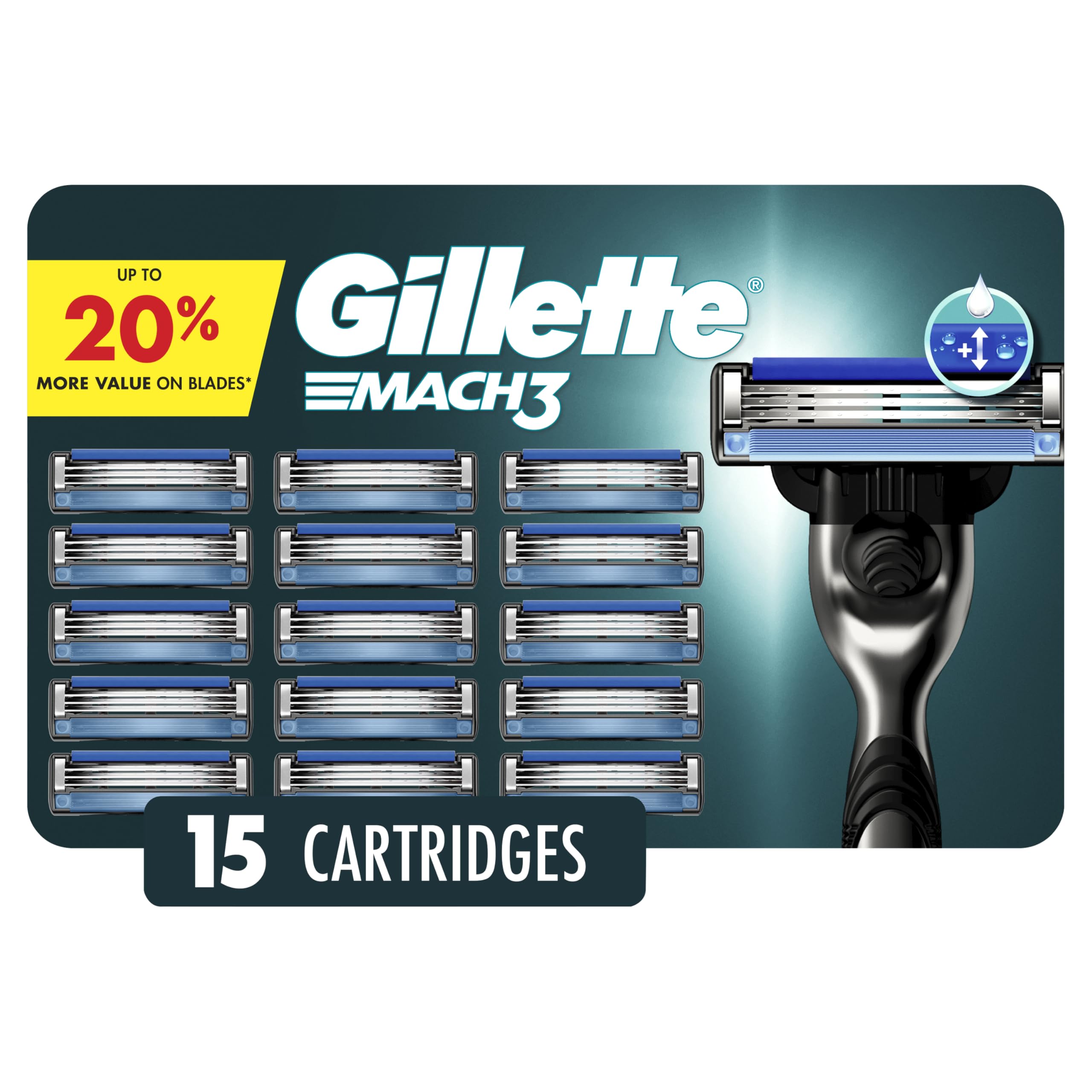 Gillette Mach3 frente del empaque mostrando 15 recambios y beneficios