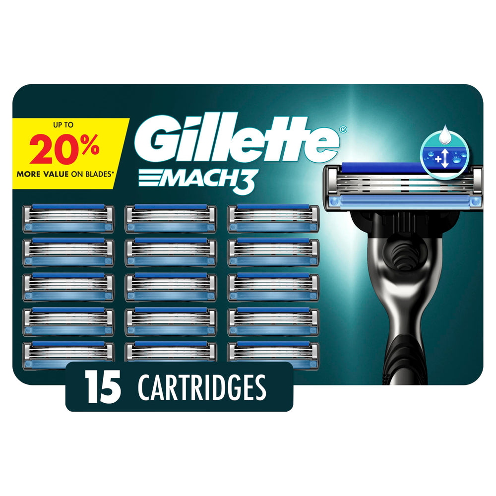 Gillette Mach3 frente del empaque mostrando 15 recambios y beneficios