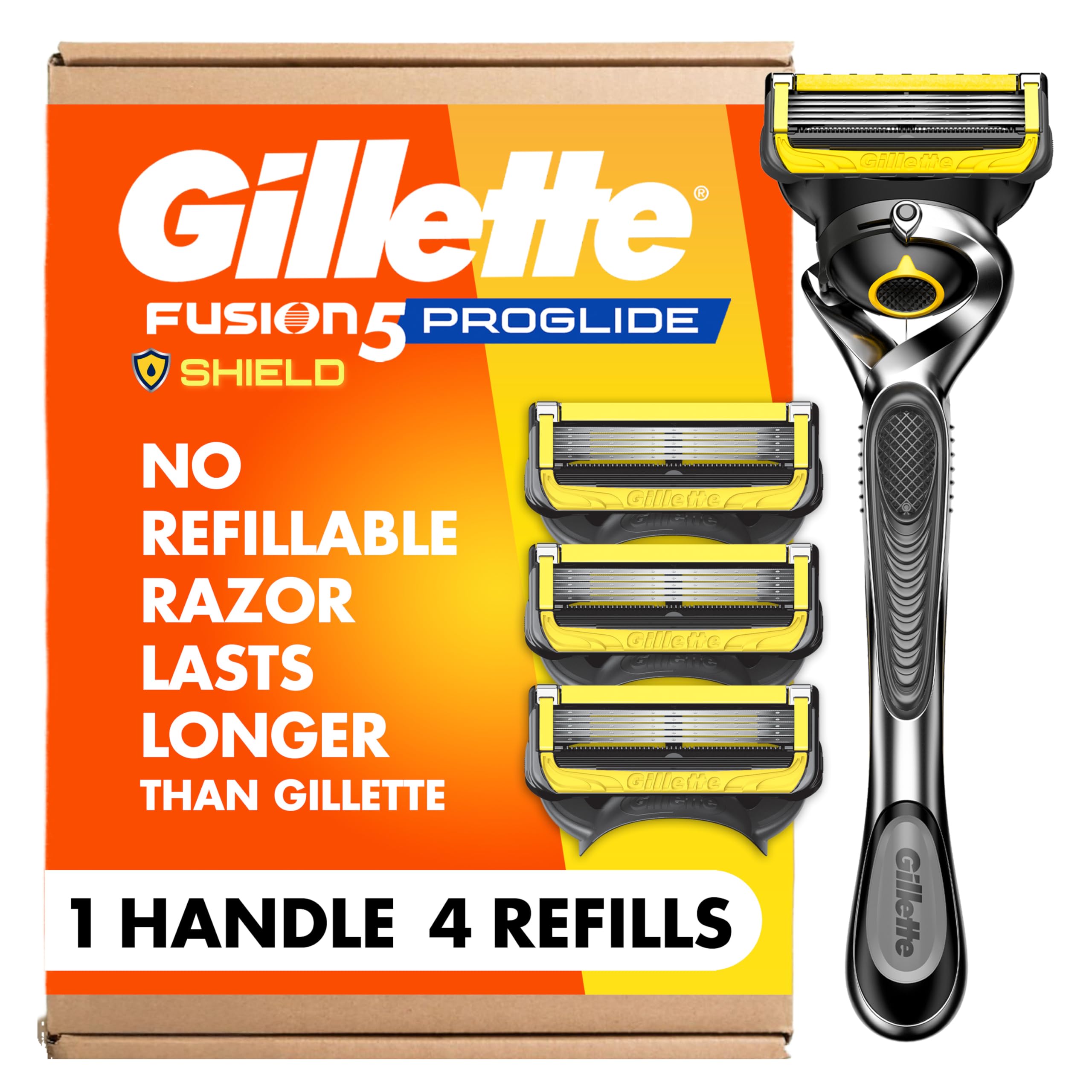 Gillette ProGlide vista frontal del empaque mostrando el mango y recambios para comodidad
