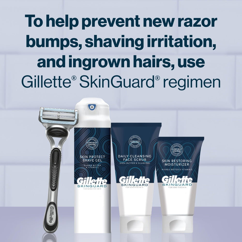 Hombre usando Gillette SkinGuard en rutina de afeitado, menor enrojecimiento visible