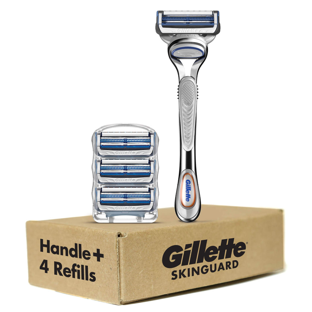 Comparación de tamaño Gillette SkinGuard junto a objetos cotidianos para escala clara