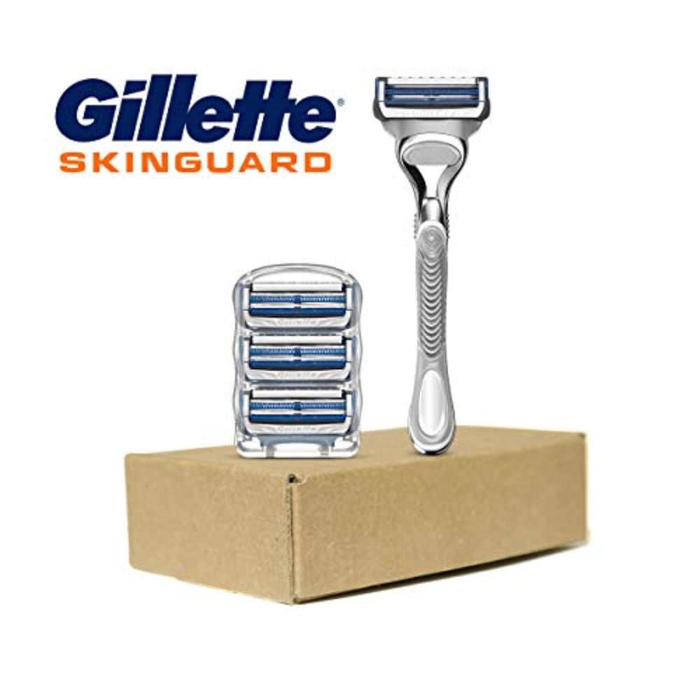 Etiqueta Gillette SkinGuard mostrando ingredientes y lubricación con aloe, confort añadido