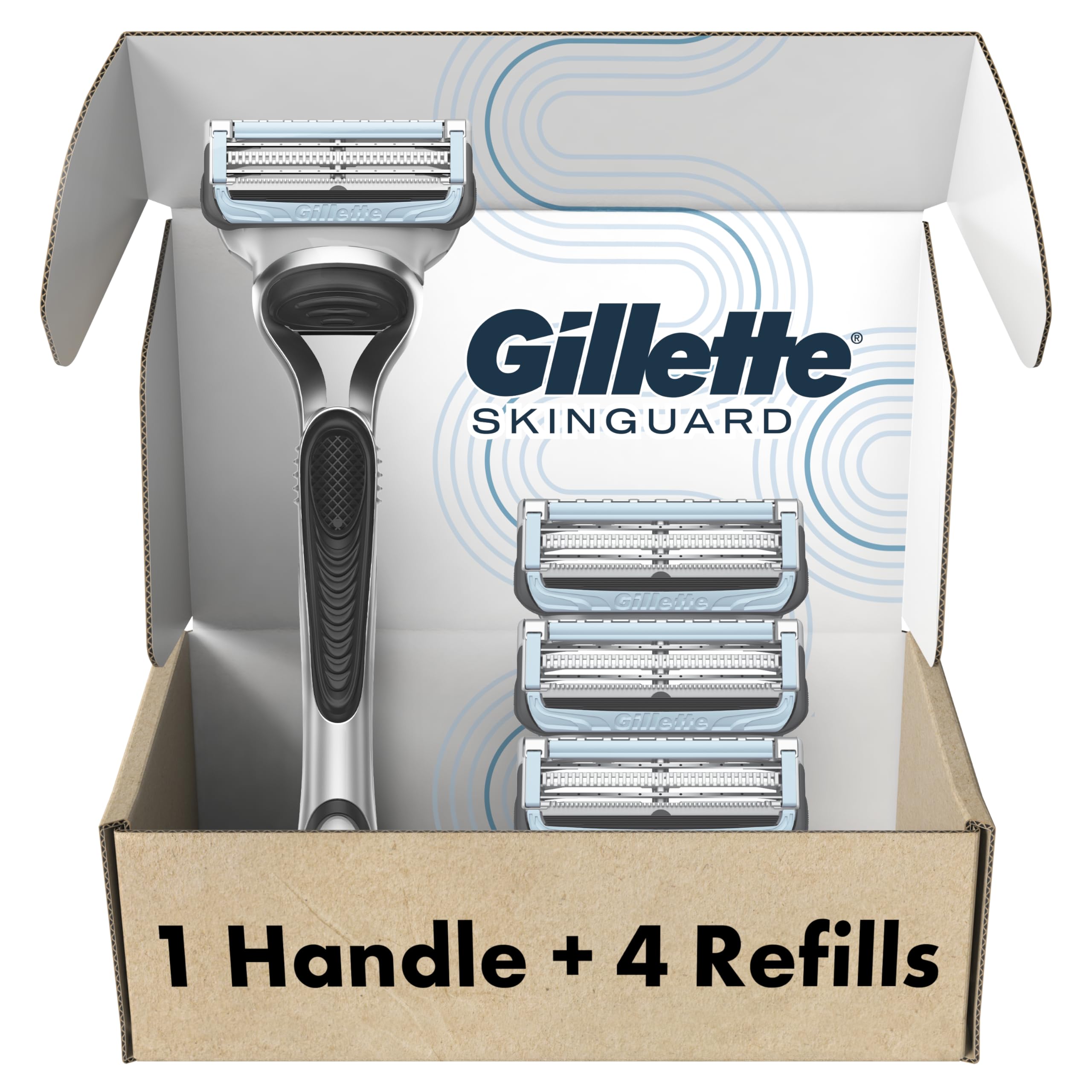 Gillette SkinGuard vista frontal del paquete mostrando maquinilla y recambios, protección para piel sensible