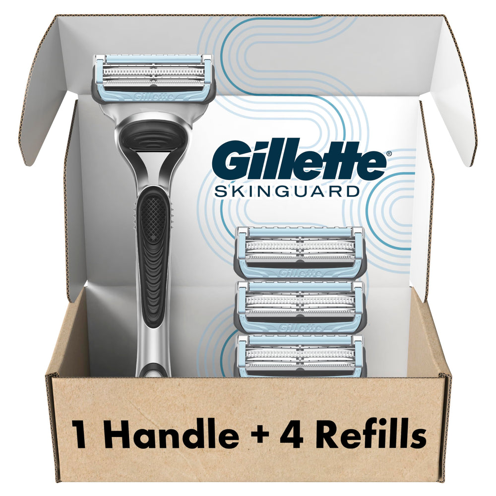 Gillette SkinGuard vista frontal del paquete mostrando maquinilla y recambios, protección para piel sensible