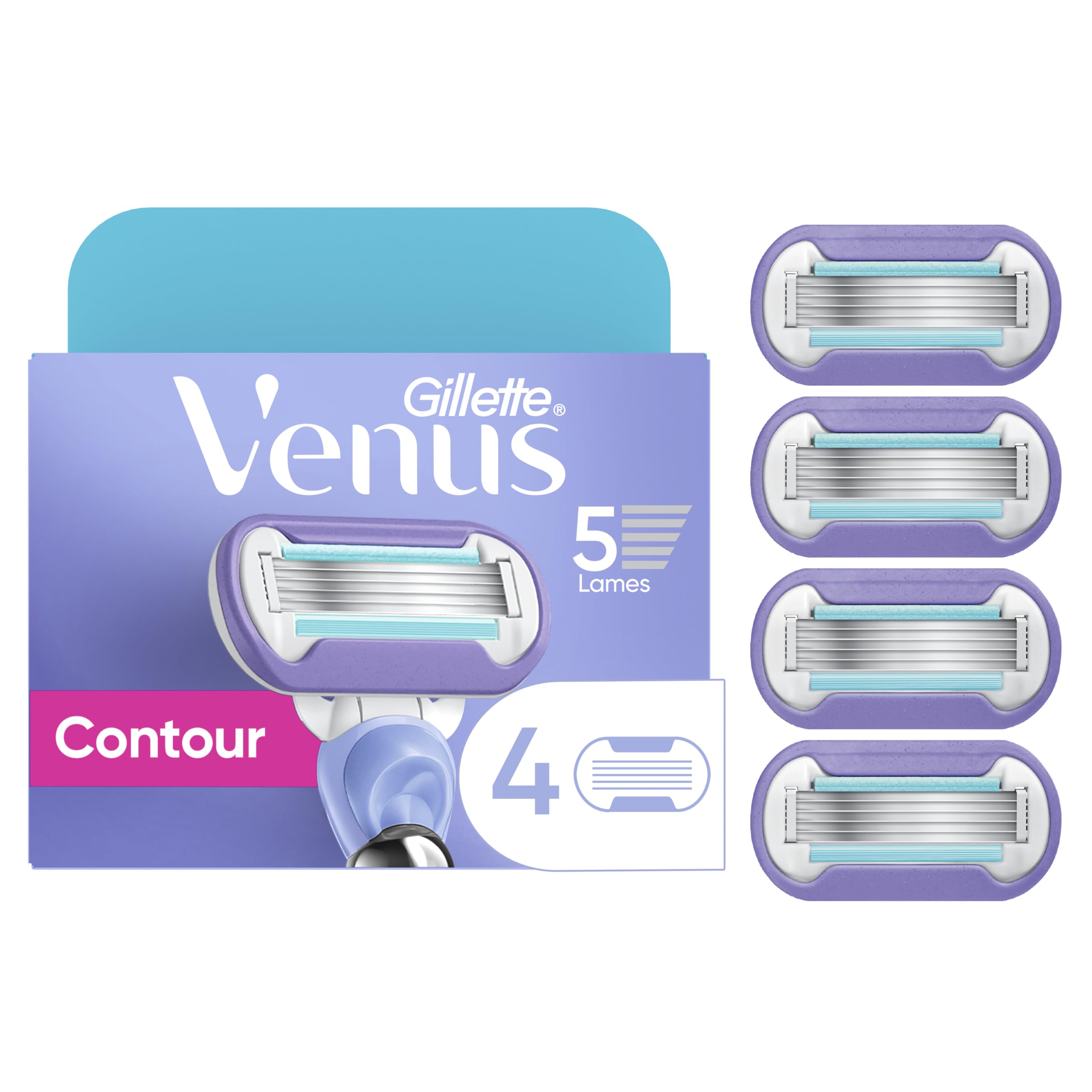 Gillette Venus vista frontal del envase mostrando las cuatro recargas y beneficios