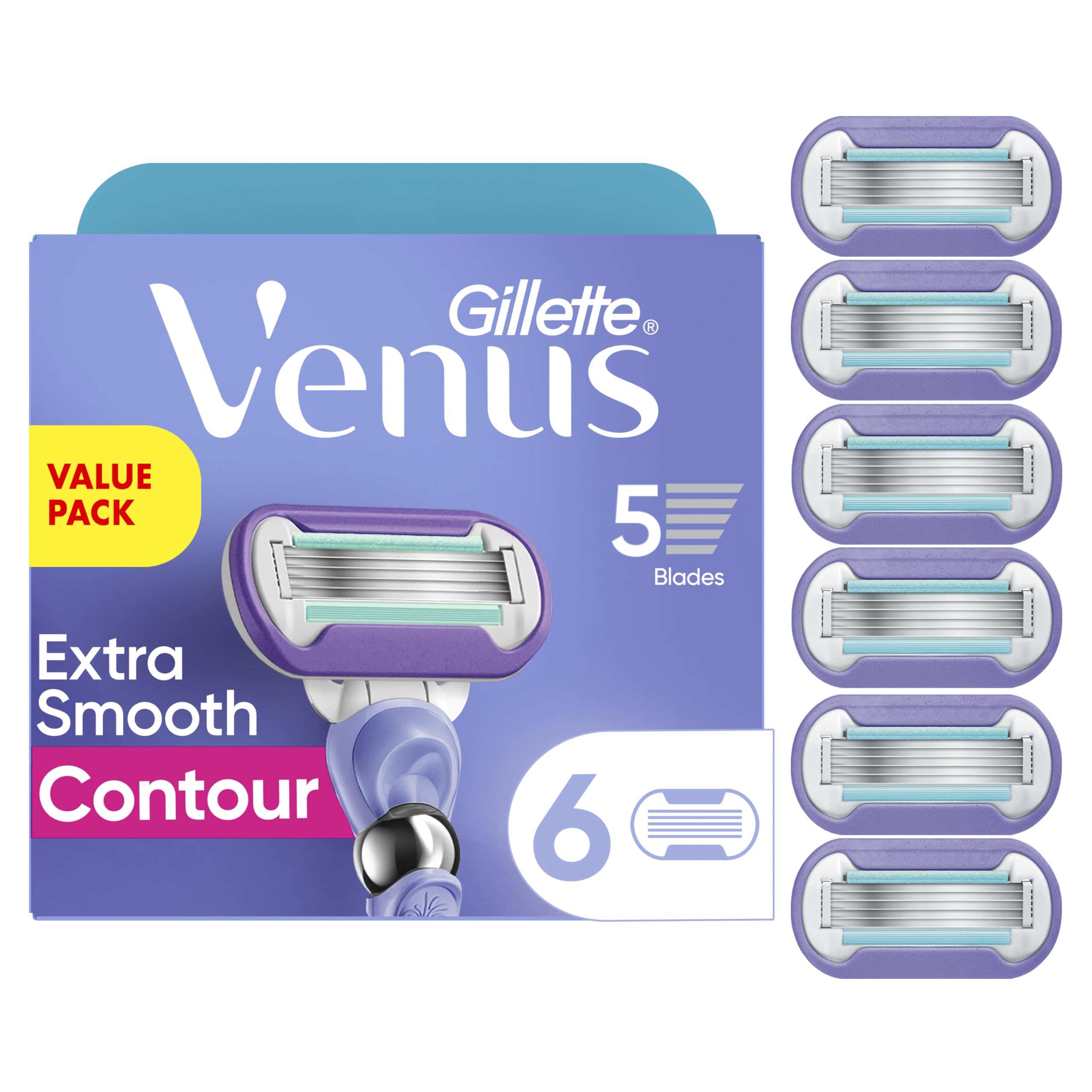 Gillette Venus pack frontal mostrando las seis cuchillas, comodidad confirmada