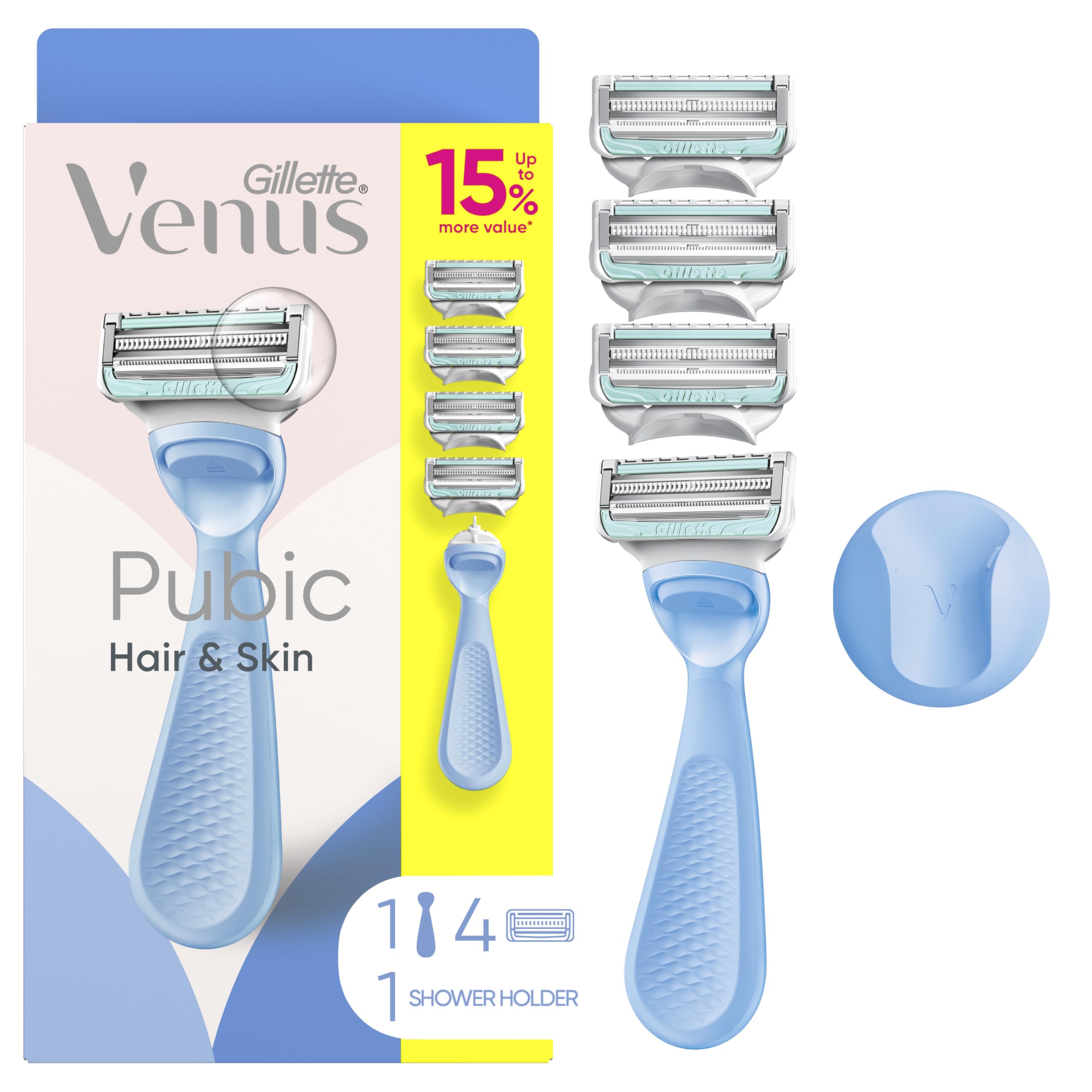 Gillette Venus frontal del embalaje mostrando el mango y cuatro recambios, protección íntima