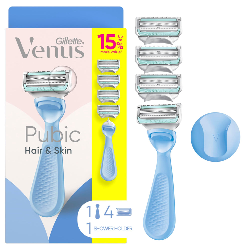 Gillette Venus frontal del embalaje mostrando el mango y cuatro recambios, protección íntima