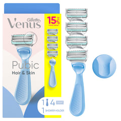 Gillette Venus frontal del embalaje mostrando el mango y cuatro recambios, protección íntima