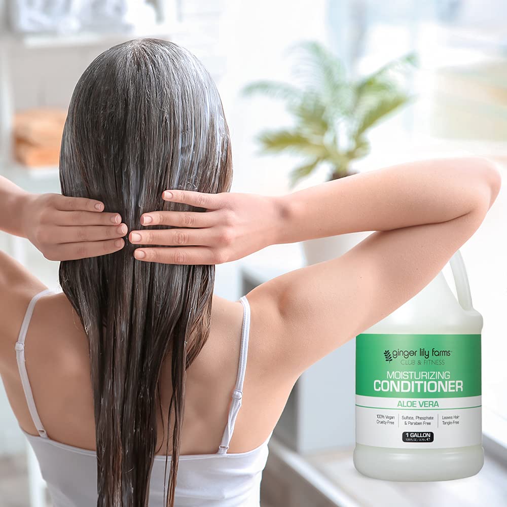Ginger Lily Farms conditioner in locker room setting supporting gym hair care