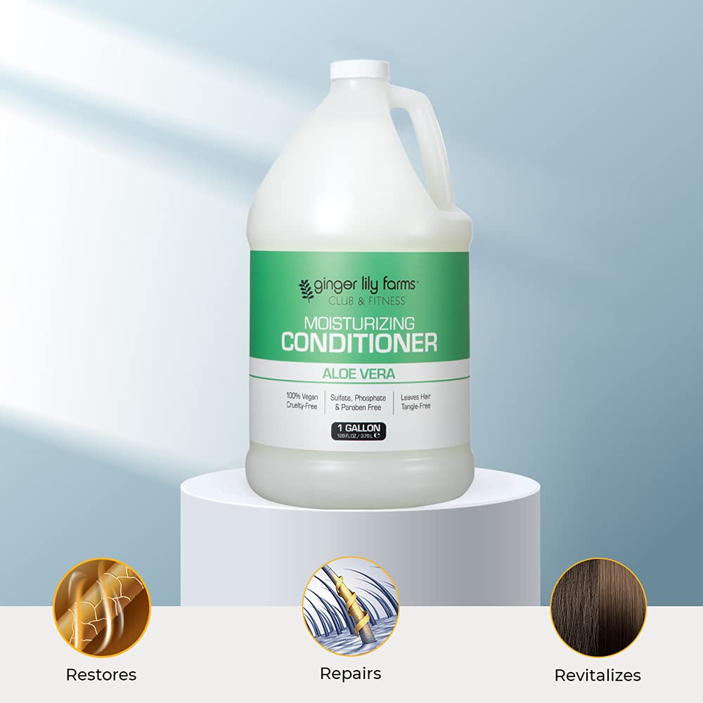 Ginger Lily Farms gallon size next to shampoo bottle showing economical scale
