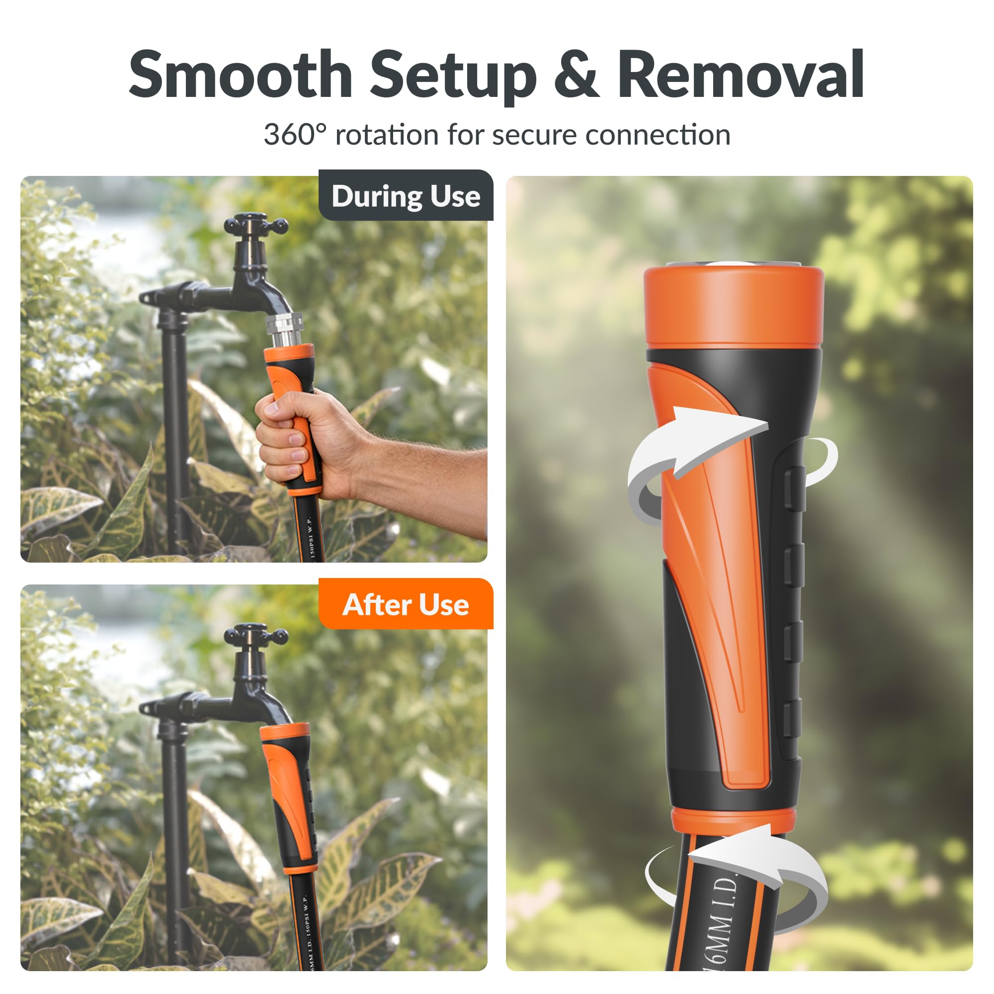 Giraffe Tools manguera en uso regando plantas, maniobrabilidad ligera y sin enredos