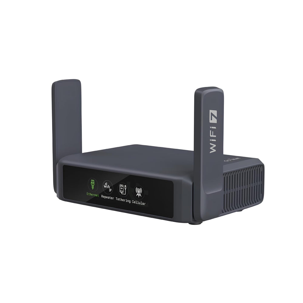 GL.iNet Slate 7 frontal con pantalla táctil mostrando estado de red y rapidez