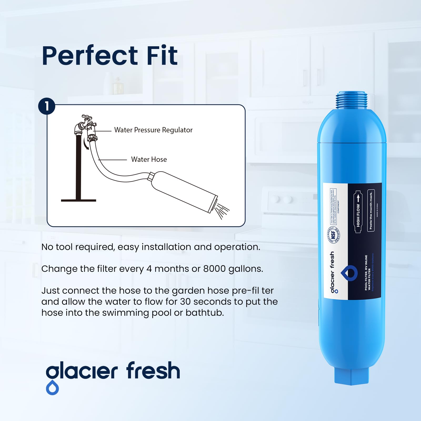 GLACIER FRESH etiqueta del prefiltro que muestra especificaciones y facilidad de uso
