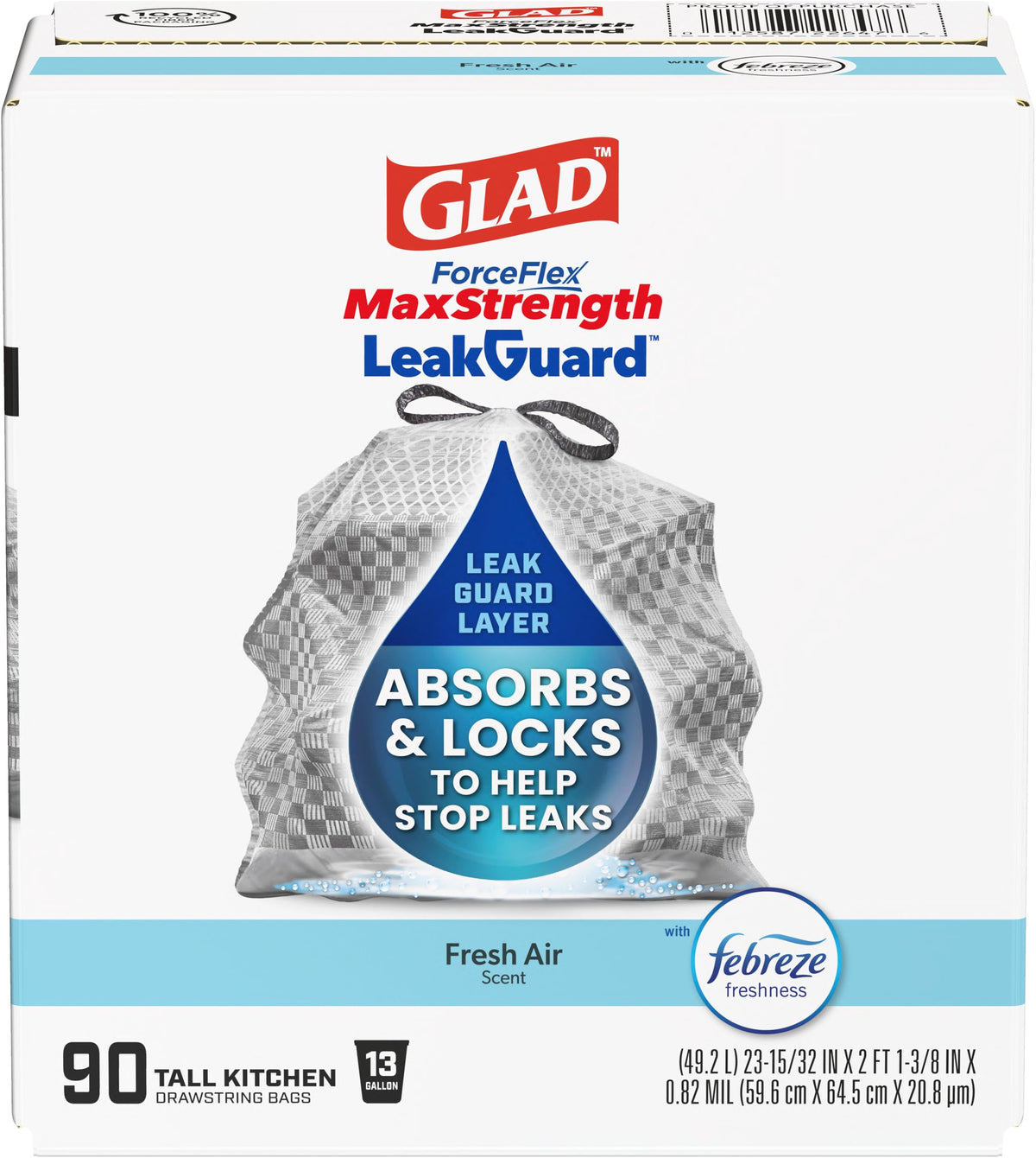 Glad paquete frontal mostrando 90 bolsas y beneficio de protección contra fugas