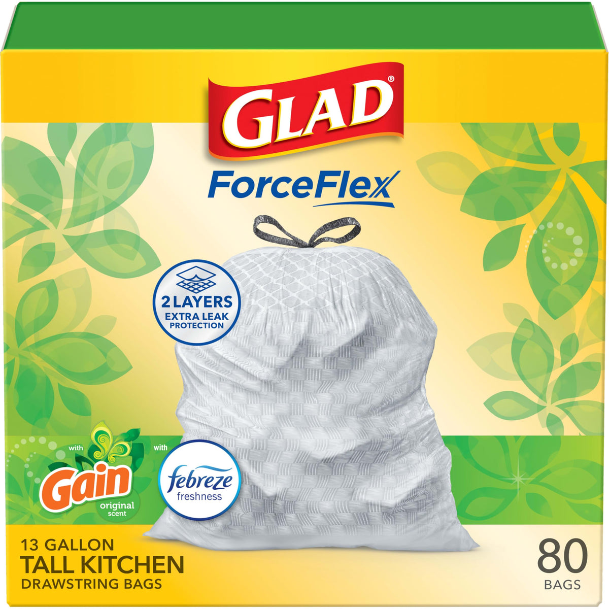 Glad empaque frontal mostrando 80 unidades y tamaño 13 galones, protección clara