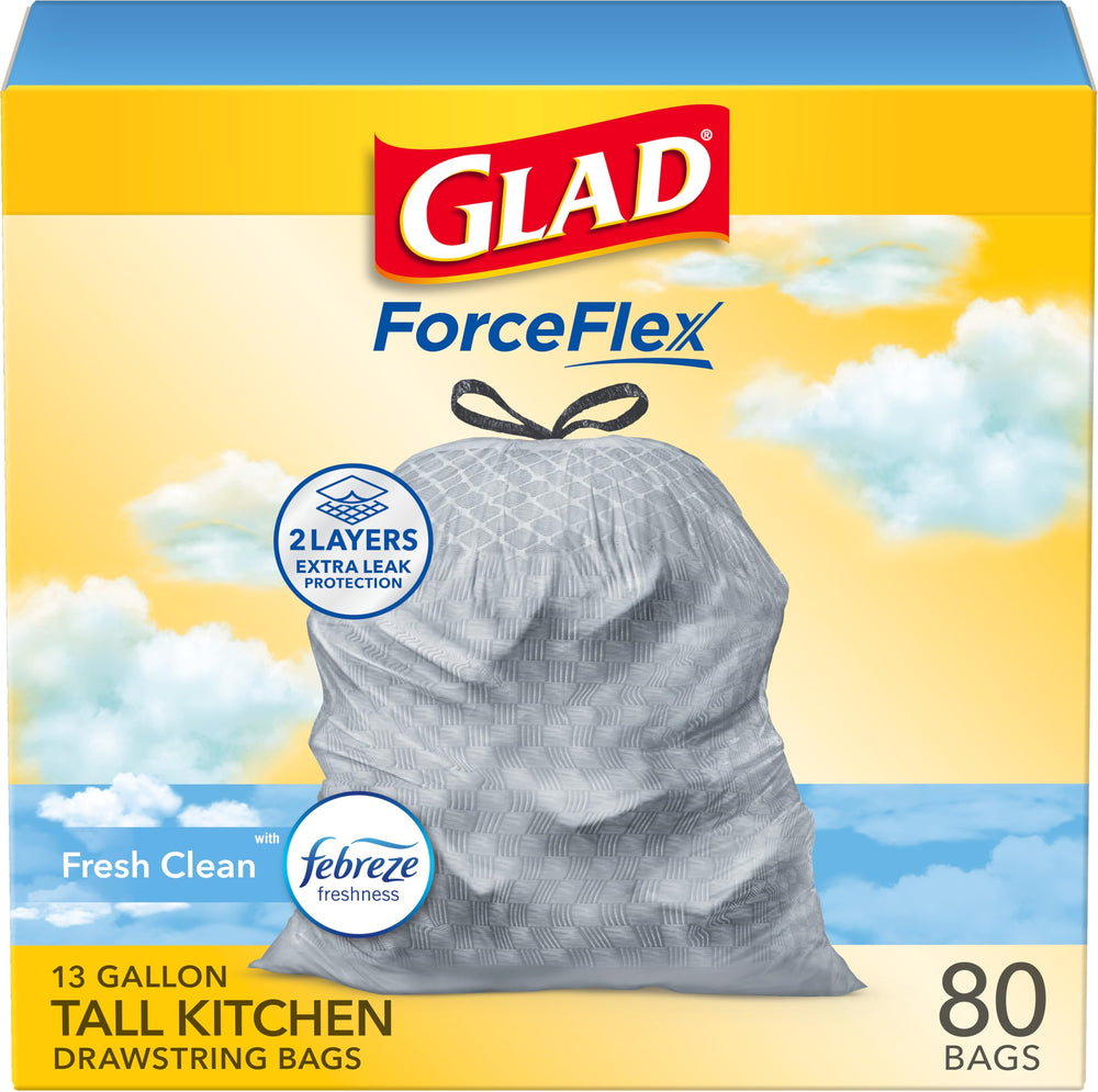Glad empaque frontal gris mostrando conteo y aroma Fresh Clean