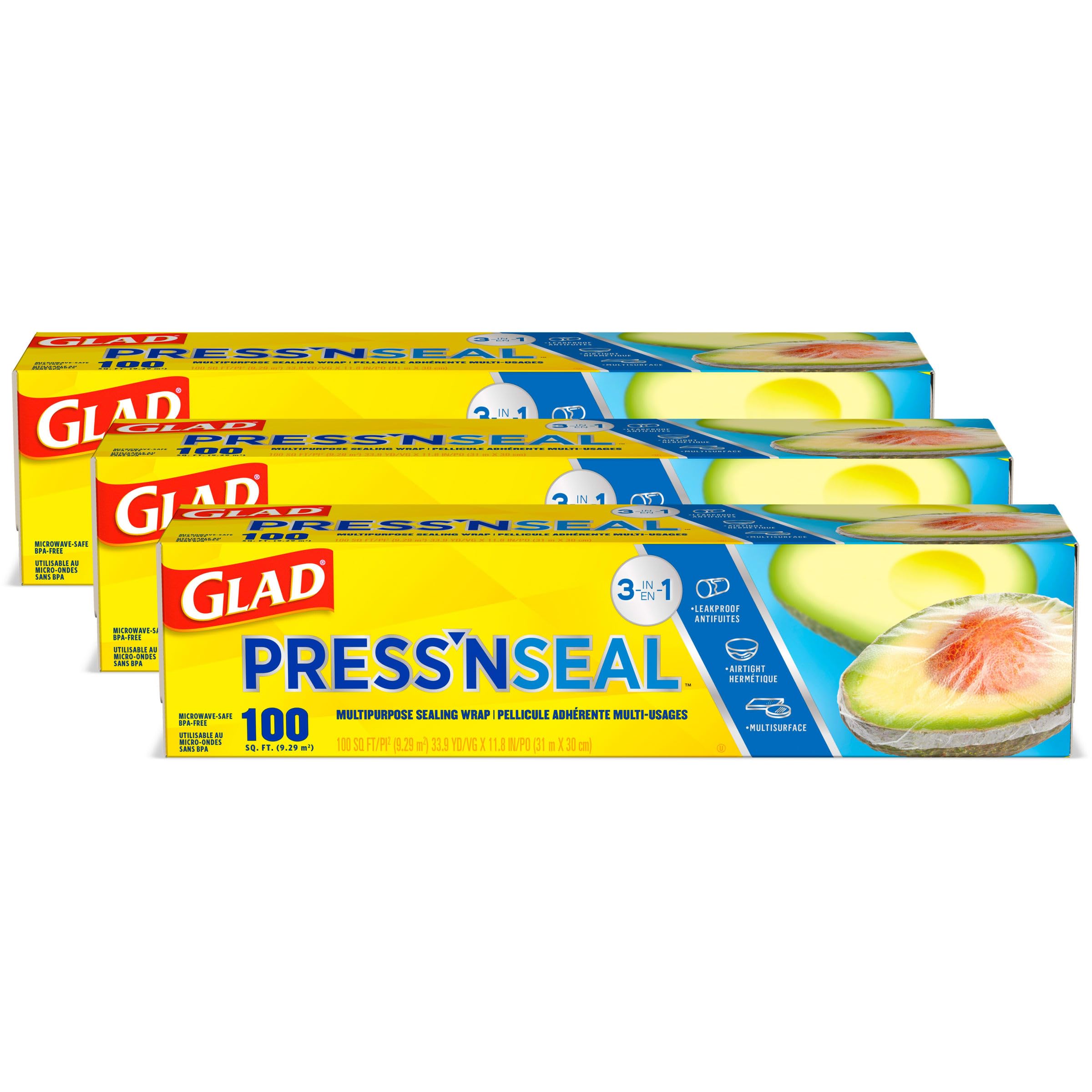 Glad paquete frontal mostrando tres rollos y cantidad, almacenamiento seguro