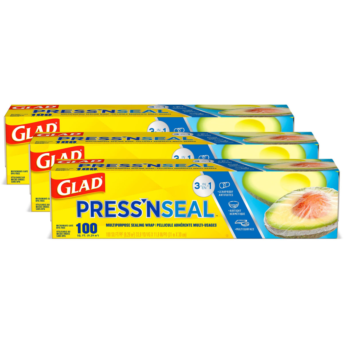 Glad paquete frontal mostrando tres rollos y cantidad, almacenamiento seguro