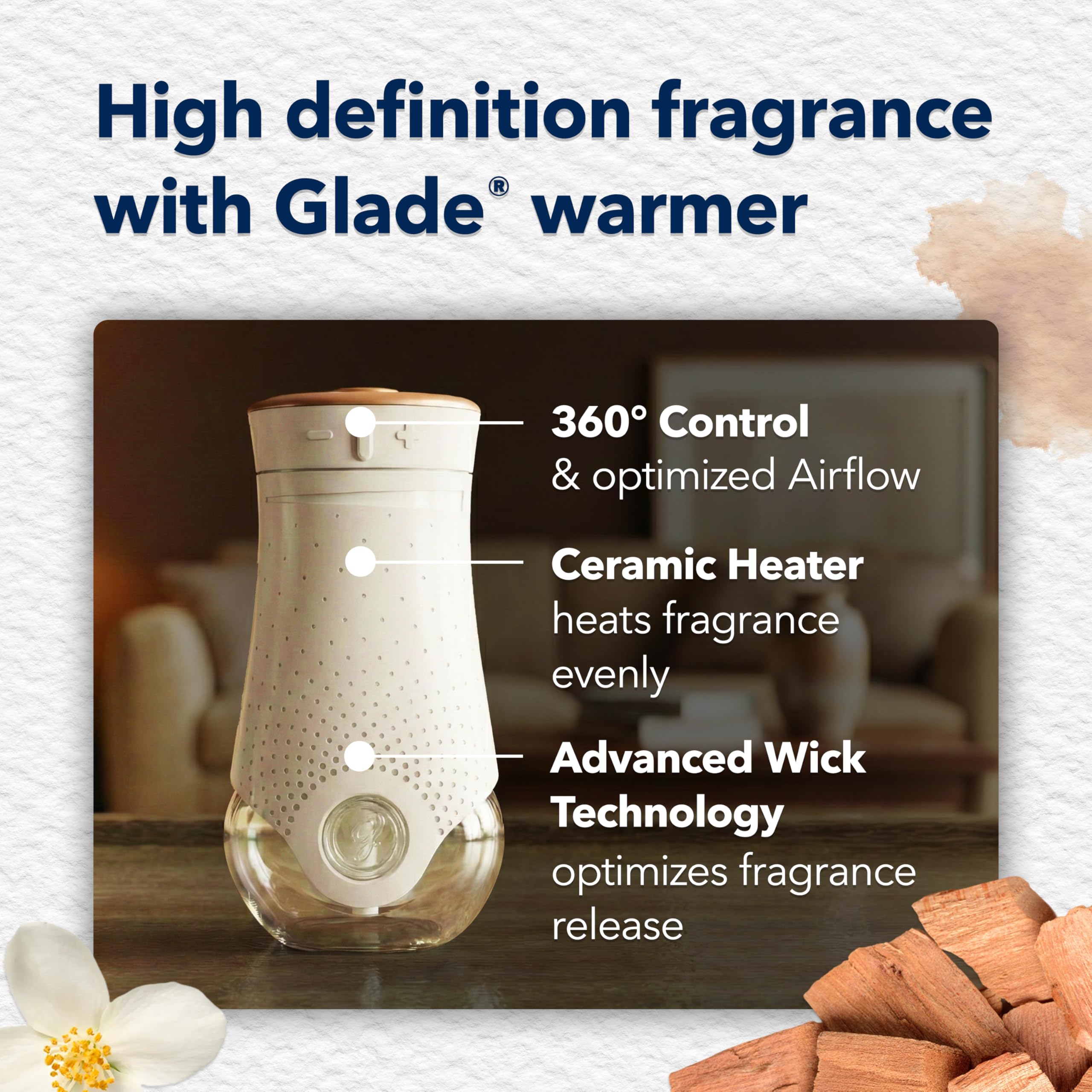Close-up of Glade refill label highlighting scent notes and easy-insert design