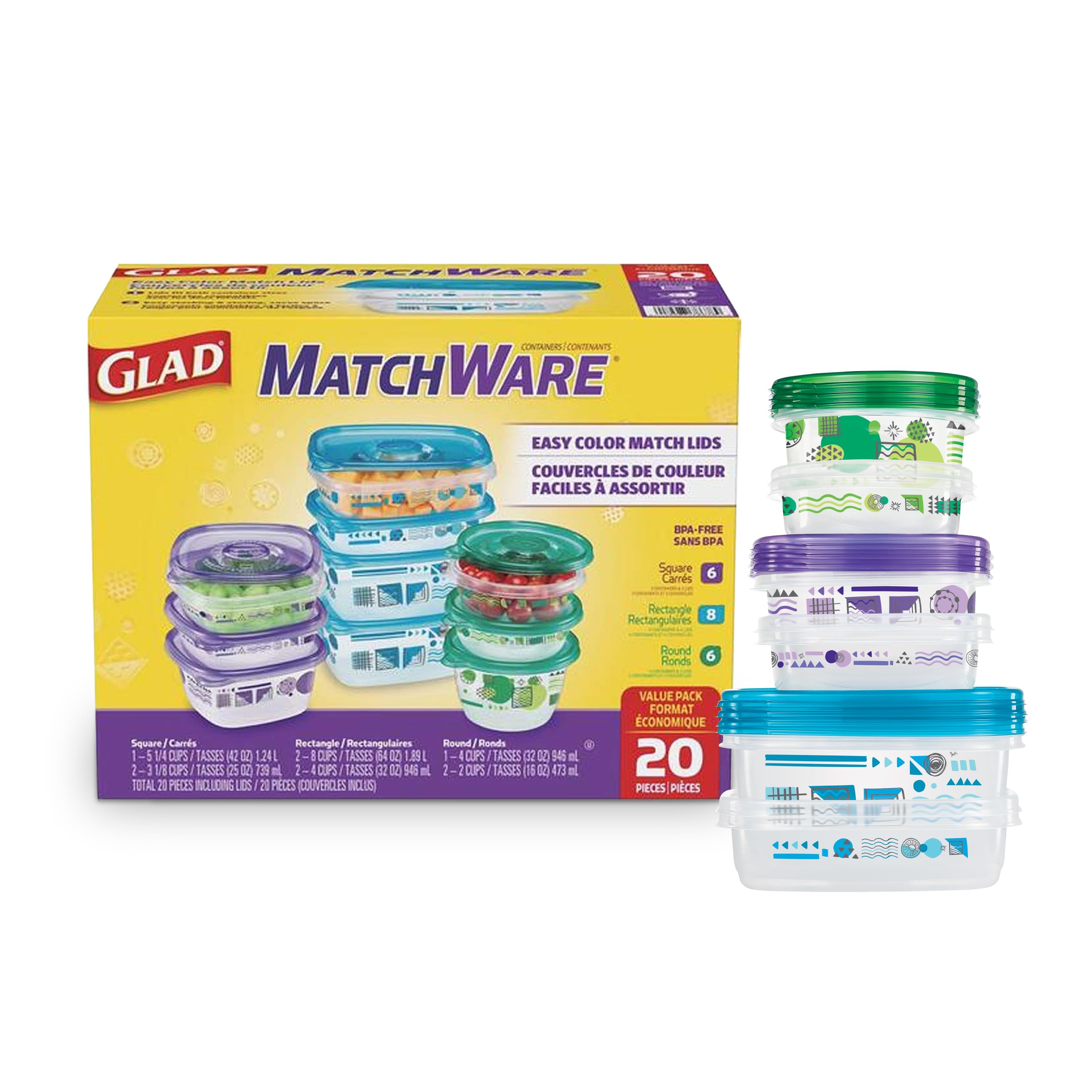 Glad GladWare imagen frontal del paquete de 20 piezas con tapas a juego y variedad