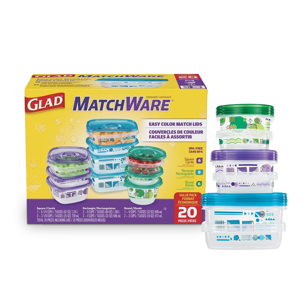 Glad GladWare imagen frontal del paquete de 20 piezas con tapas a juego y variedad
