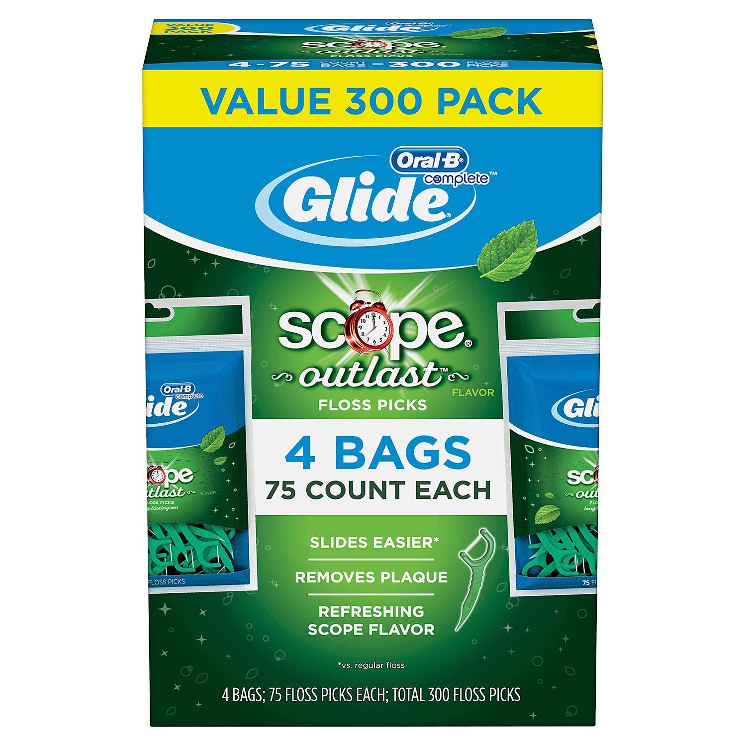 GLIDE pack frontal mostrando 4 paquetes de 75 palillos con frescor duradero