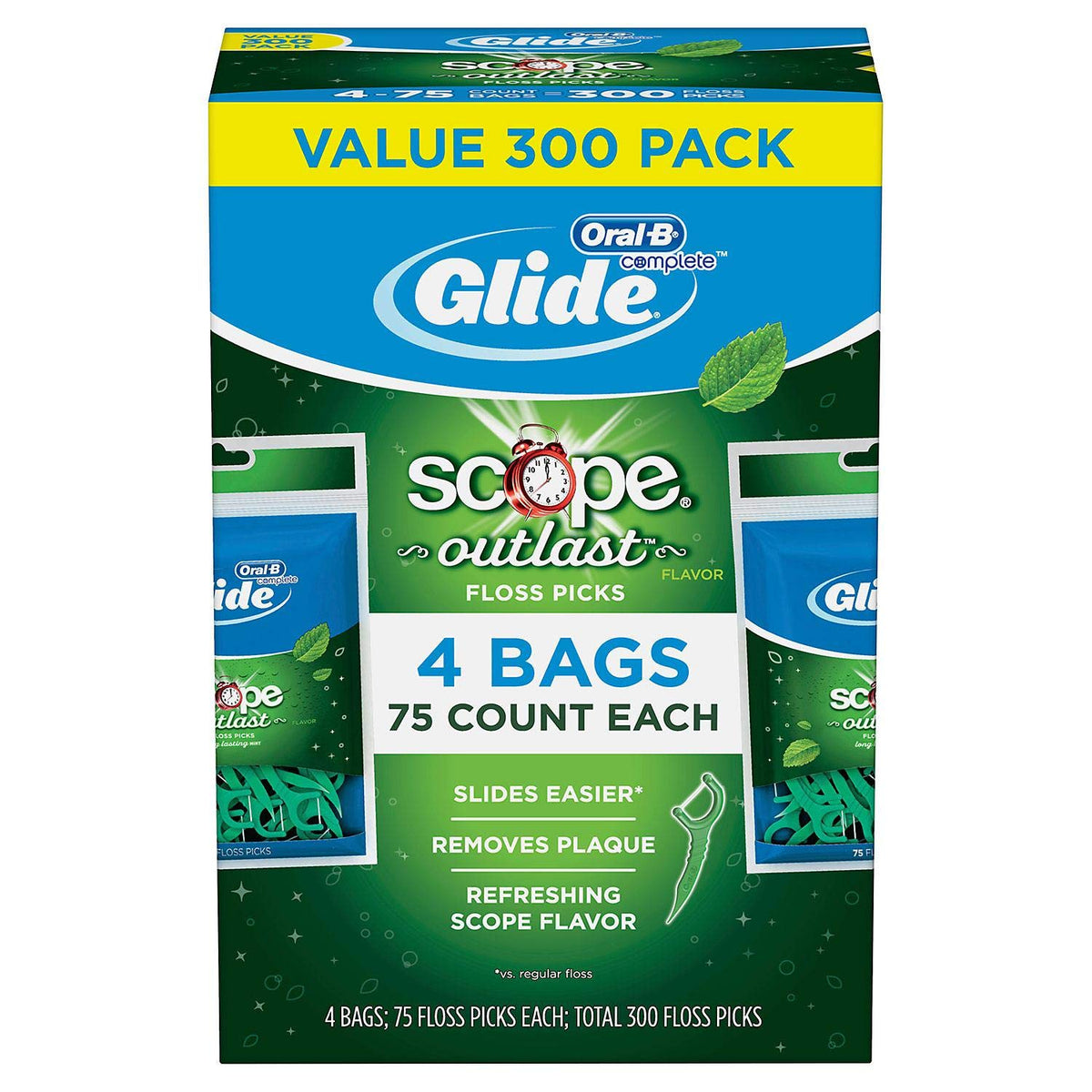 GLIDE pack frontal mostrando 4 paquetes de 75 palillos con frescor duradero